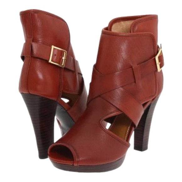 Kelsi Dagger Marcelle Cognac Leather Ankle Bootie Buckle Strap Open Toe 7.5 US - Picture 1 of 15